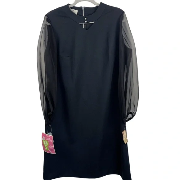 Puritan Forever Young Black Vintage Sheath Dress Sheer Sleeves Rhinestone Collar - Picture 3 of 13